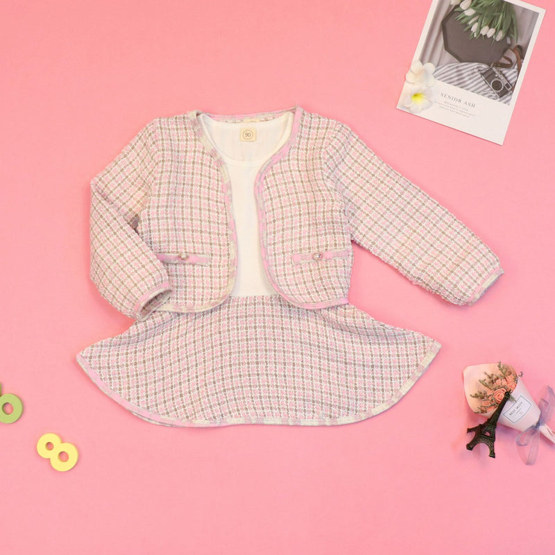 Toddler Kids Girls' Plaid Coat + Dress Long Sleeve Suit - PrettyKid