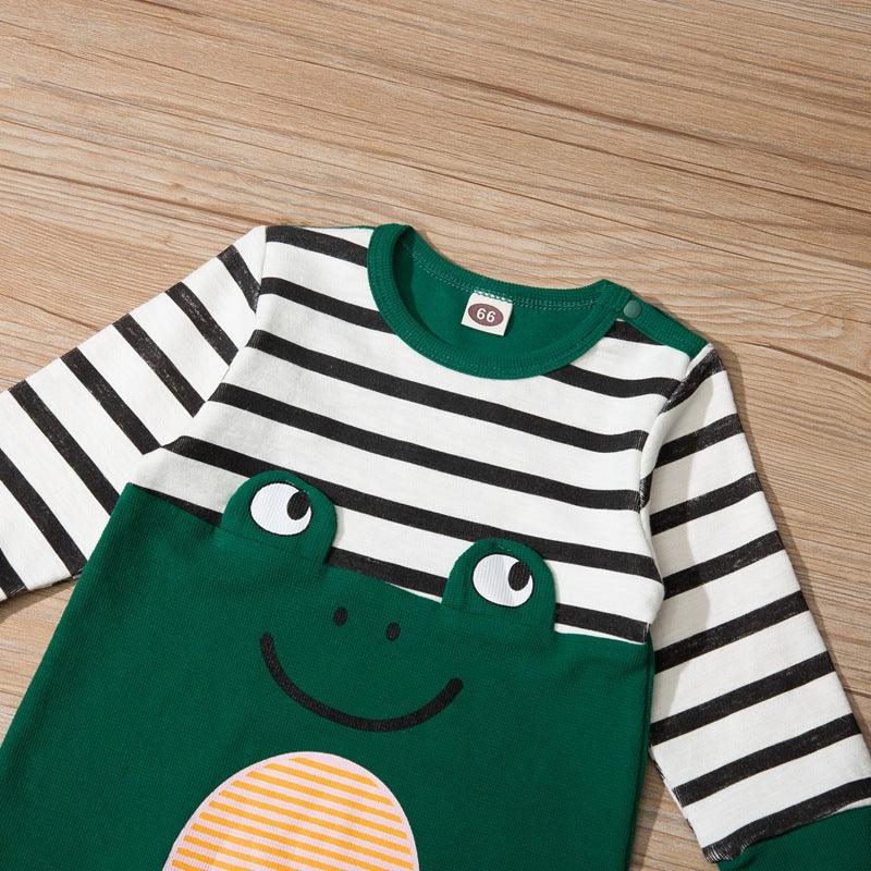 Baby Boys Green Striped Frog Long Sleeve Jumpsuit - PrettyKid