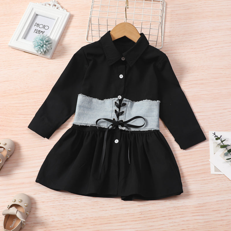 Toddler Girls Solid Color Long Sleeve Shirt Dress Denim Vest Suit - PrettyKid