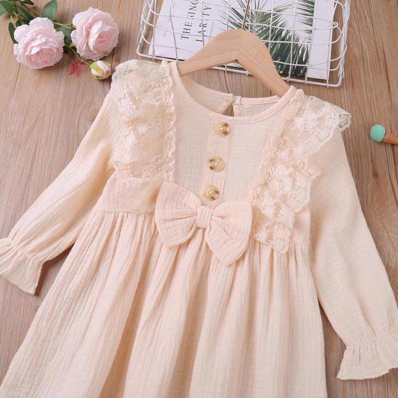 Toddler Kids Girls Solid Lace Bow Long Sleeve Dress - PrettyKid