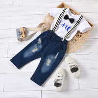 Baby Boys Solid Letter Print Bow Tie Short Sleeve T-shirt Strap Denim Pants Set - PrettyKid