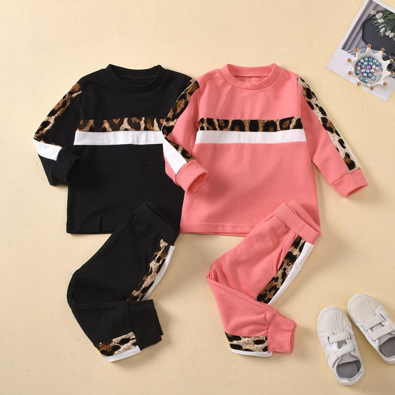 Toddler Kids Solid Color Round Neck Leopard Print Splicing Long Sleeve Sports Suit - PrettyKid