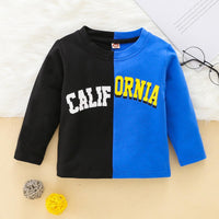 Toddler Boys Blue Black Mosaic Letter Print Round Neck Long Sleeve T-Shirt Top - PrettyKid