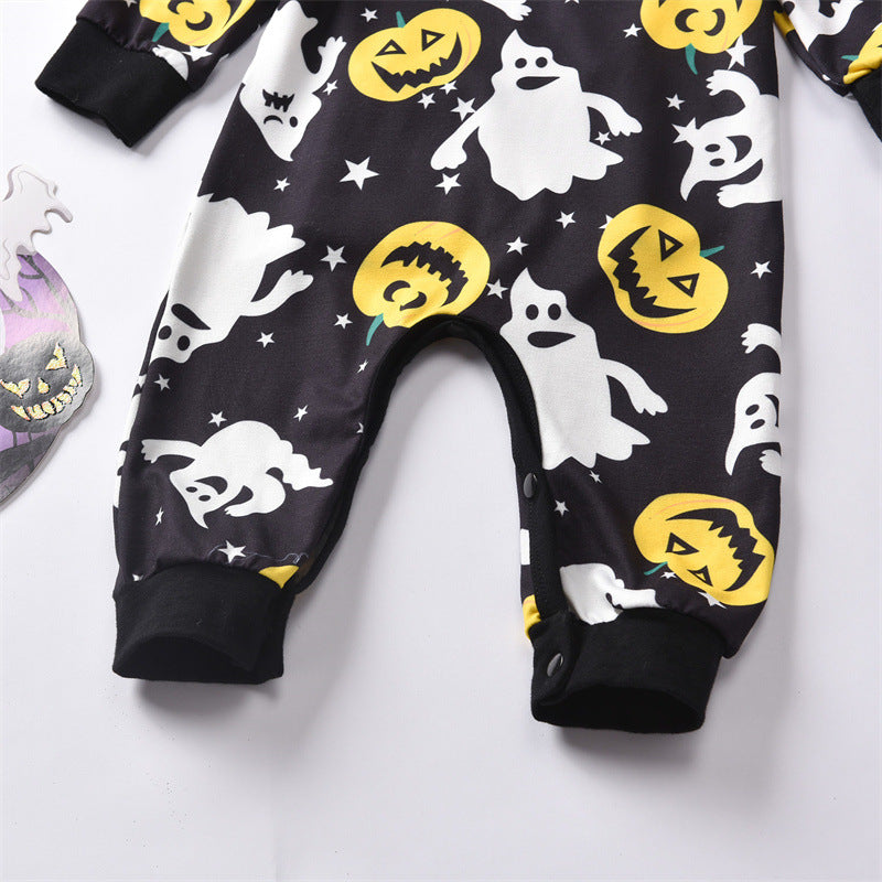 Baby Boys Halloween Cartoon Ghost Print Long Sleeve Jumpsuit - PrettyKid