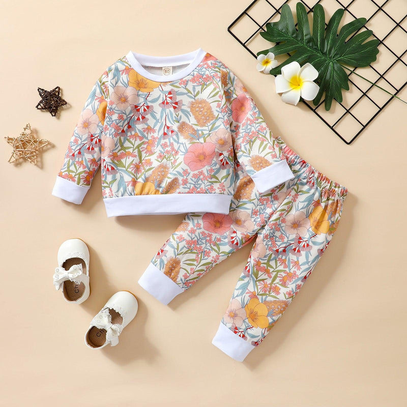 Toddler Kids Girls Floral Print Round Neck Long Sleeve Sweater Set - PrettyKid