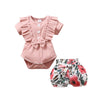 Baby Girls Solid Color Ruffle Short Sleeve Jumpsuit Flower Print Bow Shorts Set - PrettyKid