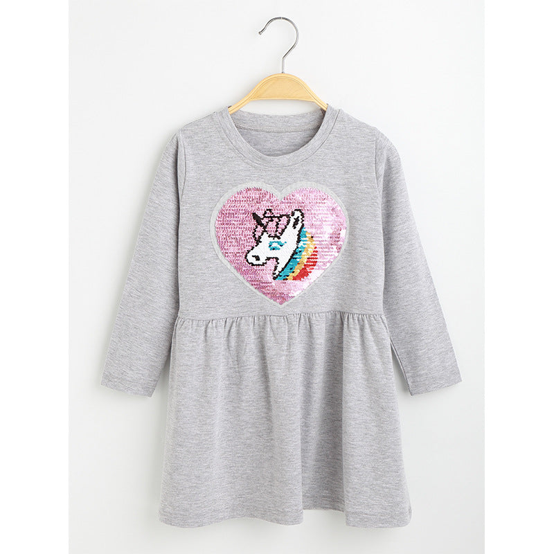 Toddler Kids Girl Solid Color Love Unicorn Bead Round Neck Long Sleeve Dress - PrettyKid