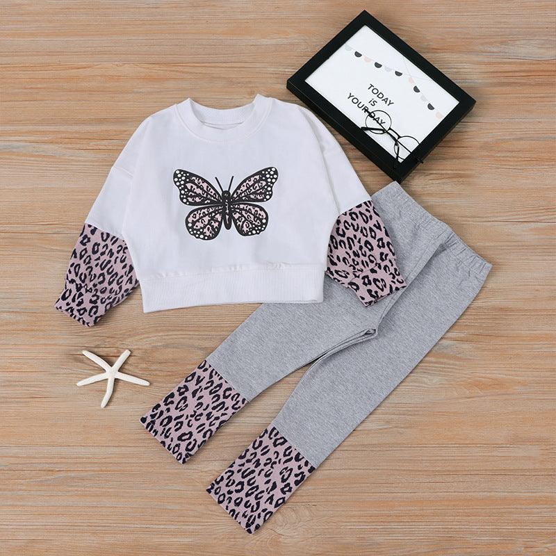 Toddler Kids Girls Cartoon Butterfly Embroidery Leopard Print Mosaic Set - PrettyKid