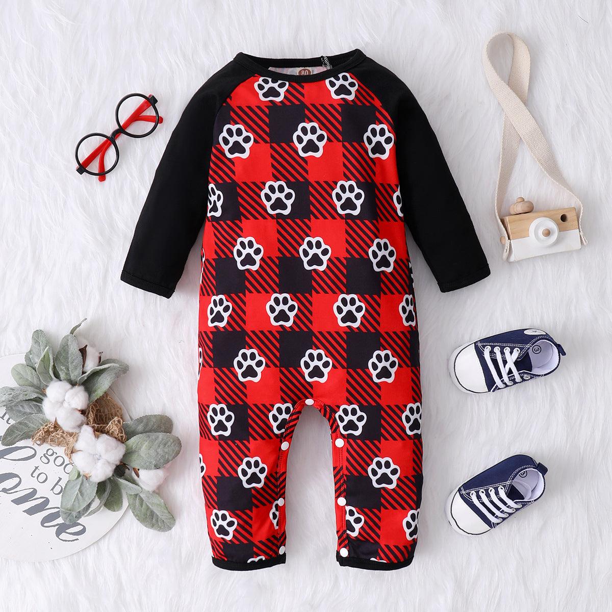 Baby Boys Cute Footprints Printed Plaid Long Sleeve Jumpsuit - PrettyKid