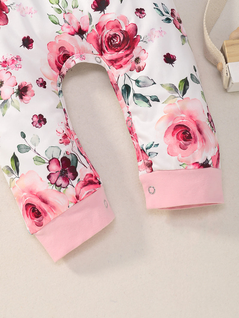 Baby Girls' One-piece Clothes Autumn and Winter Infant Children's Long Sleeved Rose Printed Ha Clothes Flower One-piece Climbing Clothes - PrettyKid