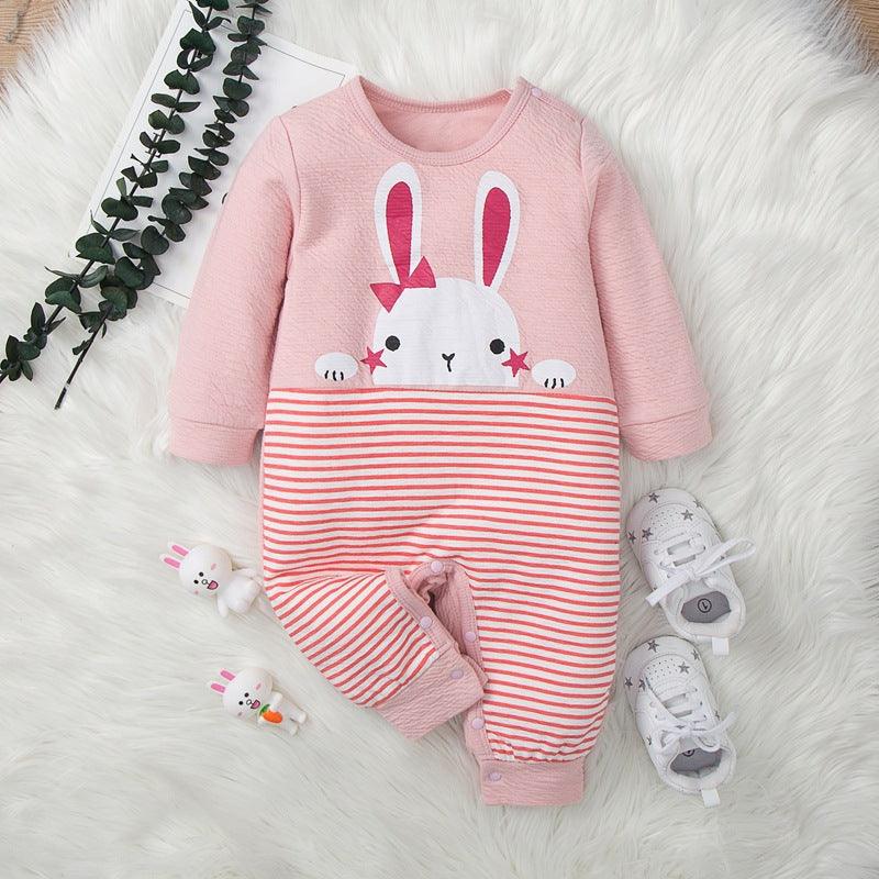 Baby Girls Cute Rabbit Print Stripe Jumpsuit - PrettyKid