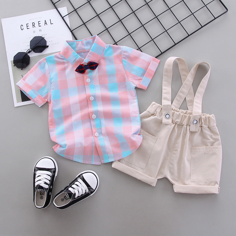 Toddler Boys Plaid Stripe Short Sleeve Shirt Strap Shorts Set - PrettyKid