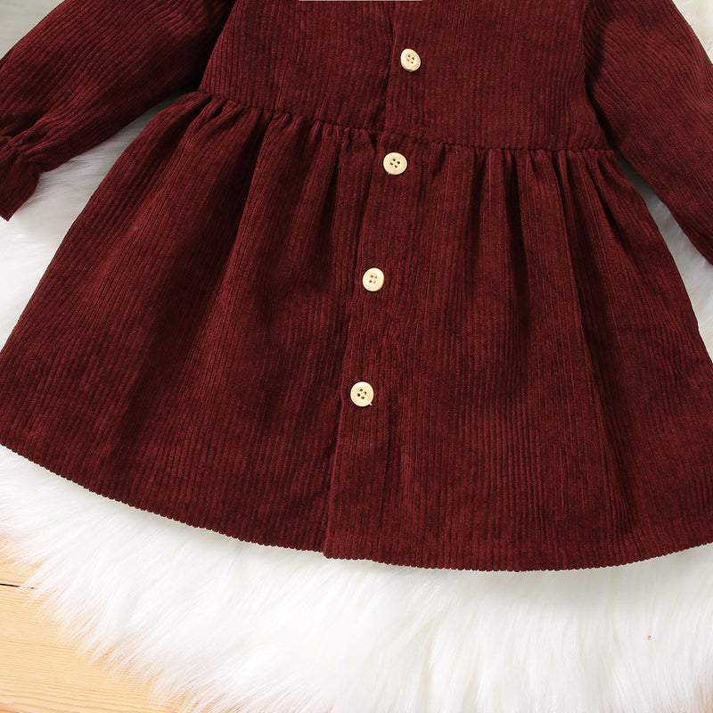 Toddler Kids Girls Solid Color Long Sleeve Button Dress Hairband Two Piece Set - PrettyKid
