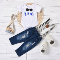 Baby Boys Solid Letter Print Bow Tie Short Sleeve T-shirt Strap Denim Pants Set - PrettyKid