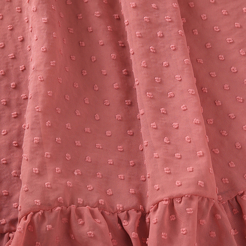 Kids Girls Solid Dot Embossed V-neck Short Sleeve Dress - PrettyKid