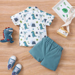 Toddler Boys Cartoon Dinosaur Print Short Sleeve Shirt Solid Shorts Set - PrettyKid