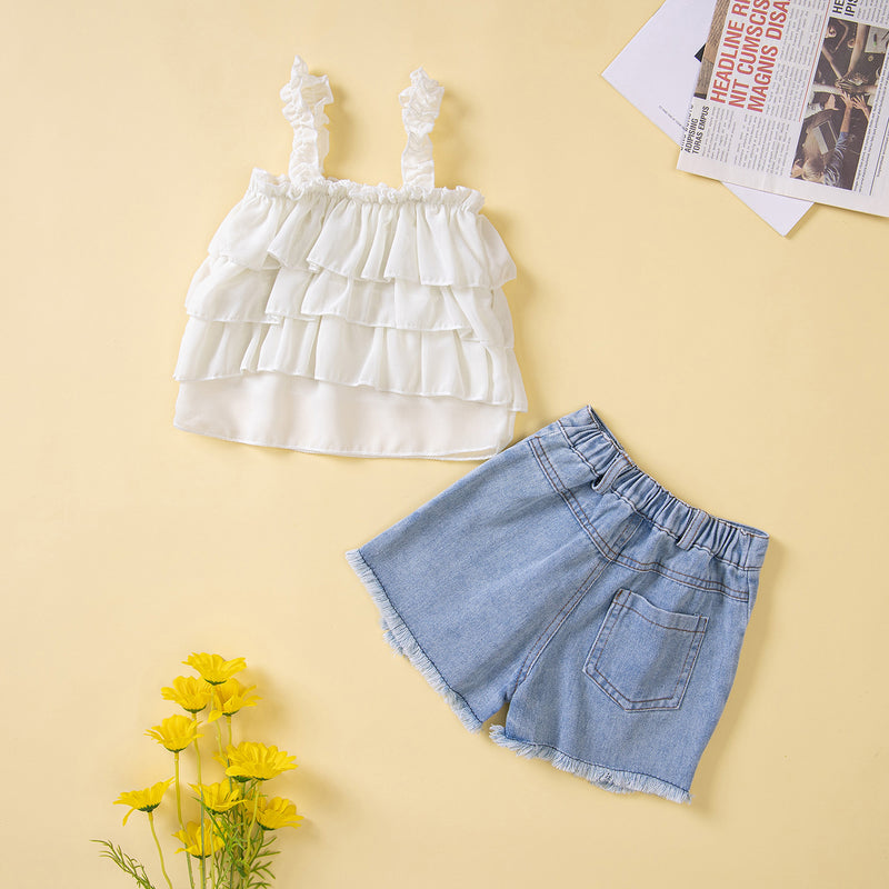 Summer New Children's Loose Top with Suspender+two Pieces of Torn Denim Shorts - PrettyKid