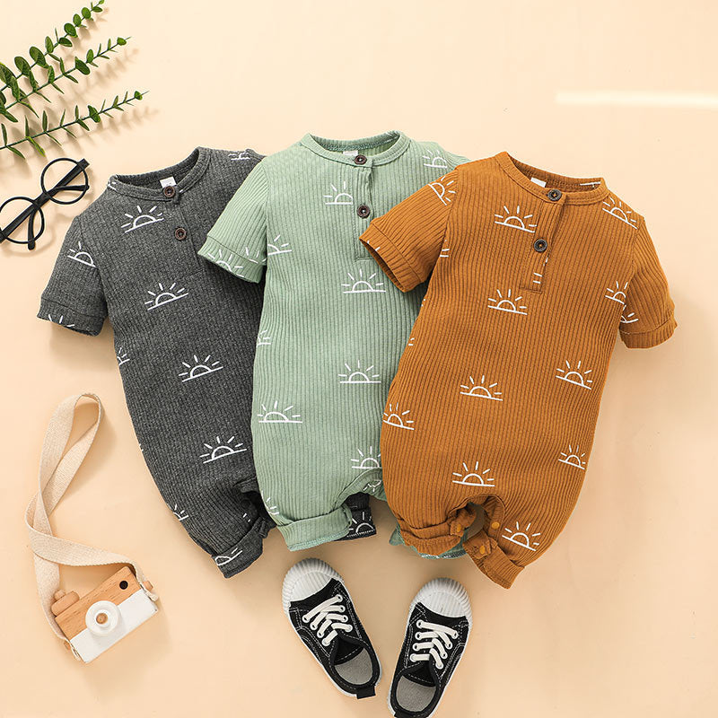Baby Boys Girls Solid Color Knitted Sun Printed Round Neck Short Sleeve Jumpsuit - PrettyKid