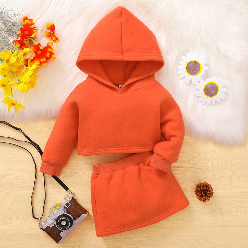 Toddler Kids Girl Solid Color Long Sleeve Hooded Short Top Skirt Set - PrettyKid