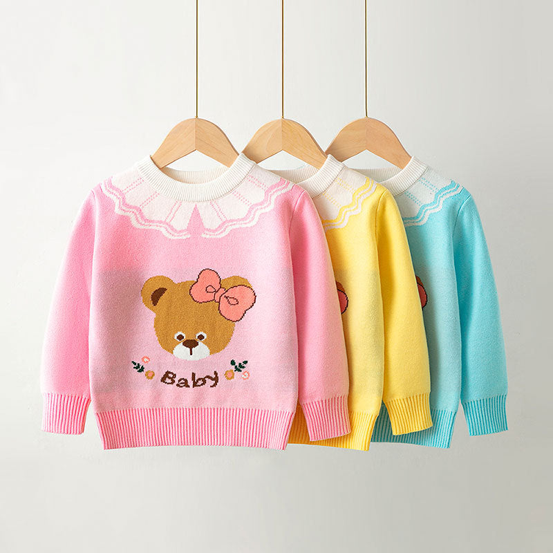 Toddler Kids Girls Solid Cartoon Bear Sweater Pullover - PrettyKid
