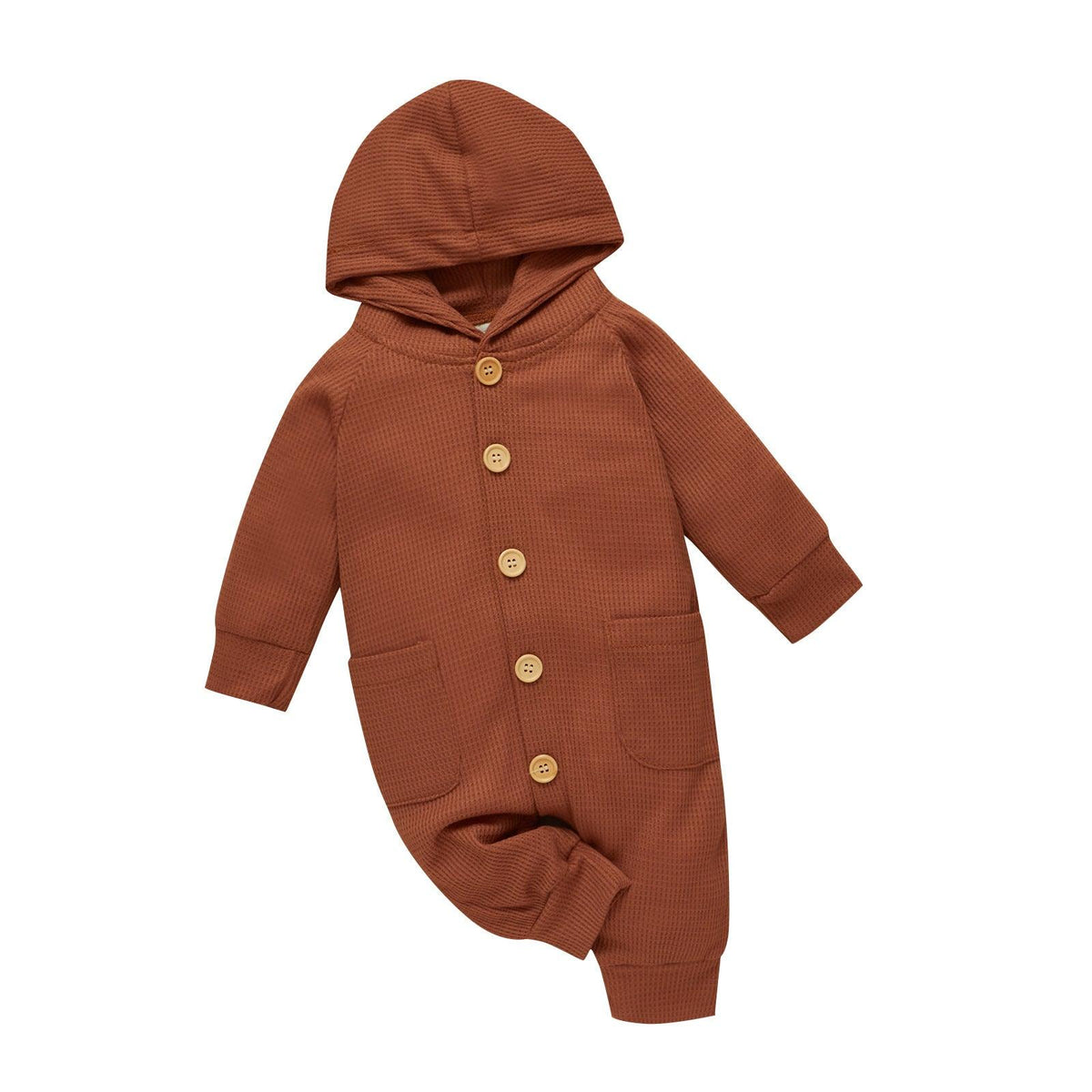 Baby Boys Girls Solid Color Long Sleeve Wool Waffle Hooded Jumpsuit - PrettyKid