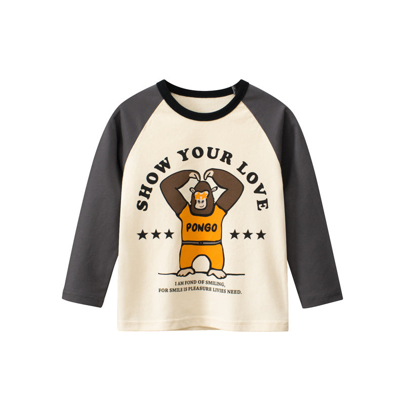 Toddler Kids Boys Cartoon Gorilla Print Round Neck Long-sleeved T-shirt Top - PrettyKid