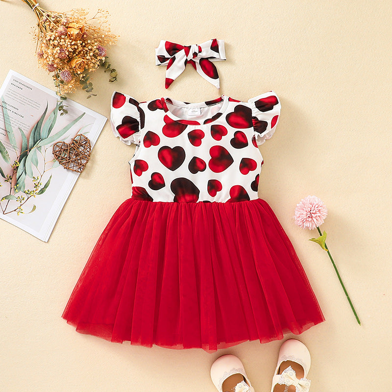 Children's Valentine's Day Flying Sleeve Dress Sweet Little Girl Love Splice Mesh Dress Holiday Vest Dress - PrettyKid
