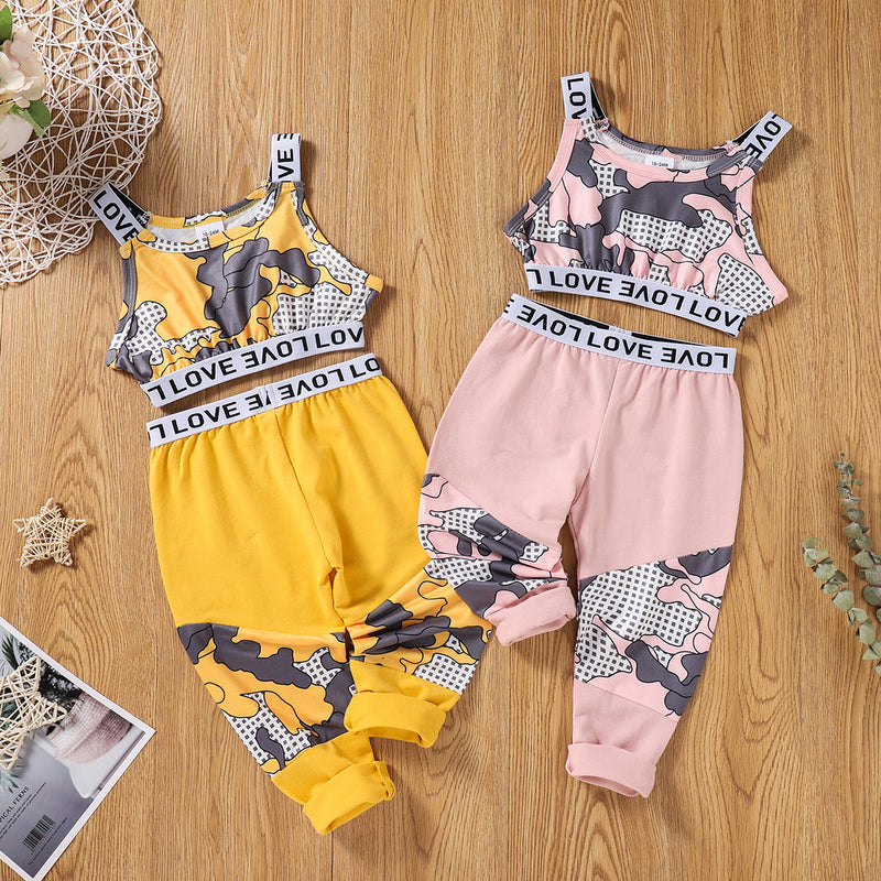 Toddler Kids Girls Solid Color Cartoon Printed Sleeveless Vest Trousers Summer Suit - PrettyKid