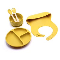 2021 New Silicone Children's Pocket Silicone Bibs & Bowl & Spoon & Fork & Plate Set - PrettyKid