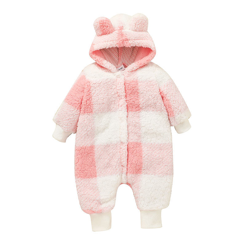 Baby Girls Winter Warm Plaid Printed Cute Hoodie Jumpsuit - PrettyKid