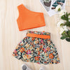Toddler Kids Girls Orange Suspender Top Flower Print Skirt Set - PrettyKid