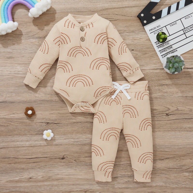 Baby Solid Rainbow Dotted Line Knitted Khaki Long Sleeve Suit - PrettyKid