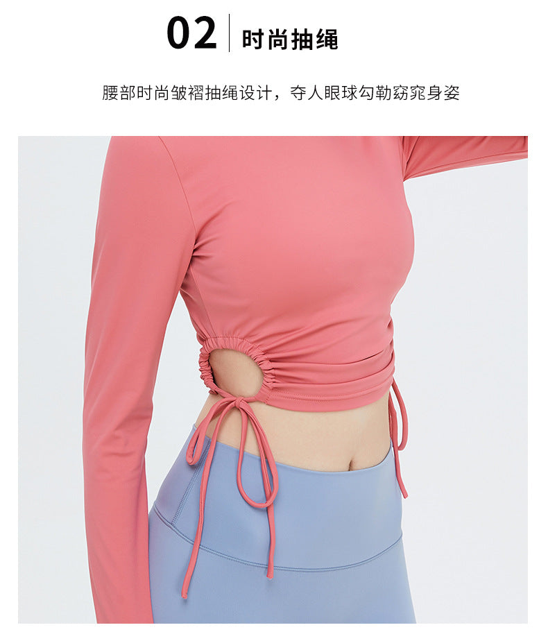 Women Yoga Clothes Female Sides Hollow Drawstring Short Simple Yoga Clothes Long Sleeve Top - PrettyKid