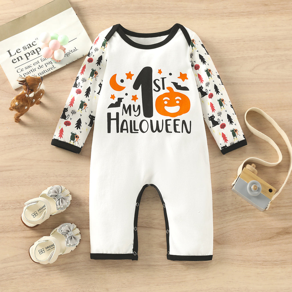 Baby Boys Solid Color 1-year-old Halloween Letter Print Long Sleeve Jumpsuit - PrettyKid