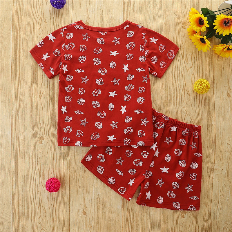 Toddler Boys Girls Solid Color Cartoon Printed Round Neck Short Sleeve Suit - PrettyKid