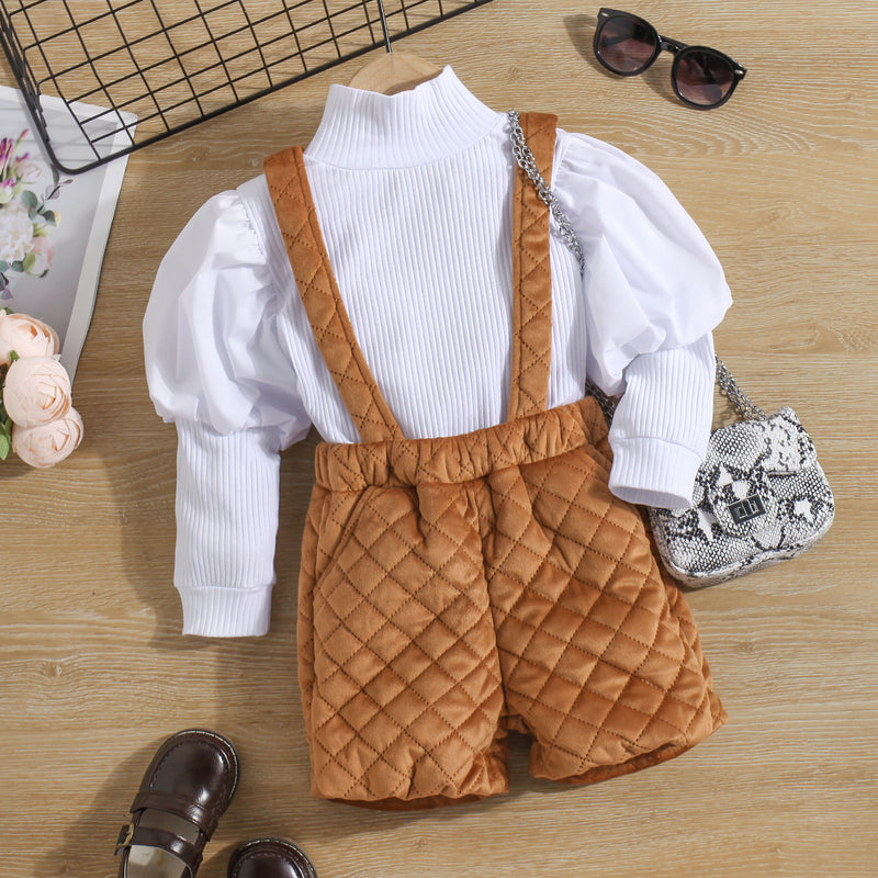 Toddler Kids Girls' Solid Color Long Sleeve Knitted Top Waffle Strap Shorts Set - PrettyKid
