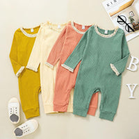 Baby Girls Solid Color Long Sleeve Knit Stripe Jumpsuit - PrettyKid