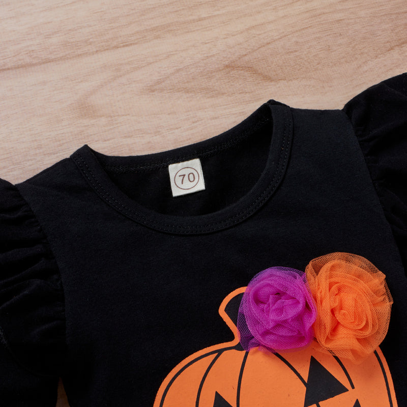 Toddler Girls Halloween Pumpkin Print Jumpsuit Mesh Skirt Hair Accessories Set - PrettyKid
