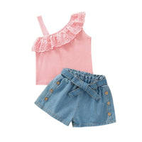 Summer Girls Set Solid Color Single Shoulder Strap Sleeveless Lace Tops Denim Shorts Two-piece - PrettyKid