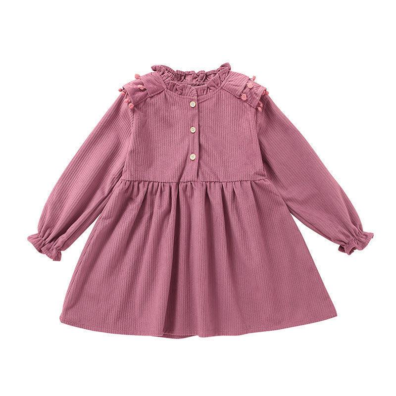 Children Girls' Solid Color Cute Fur Ball Long-sleeved Dress - PrettyKid