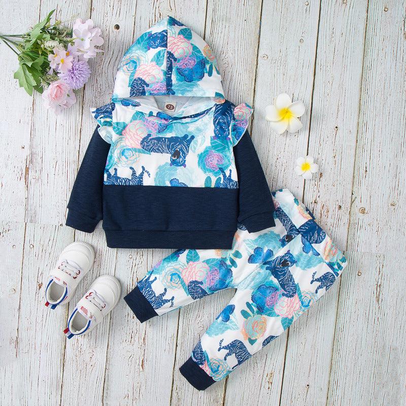 Toddler Kids Boys Girls Cartoon Animal Floral Print Hooded Sweatshirt and Pants Set - PrettyKid