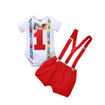 Baby Boys Red Digital Printing One-piece Suit with Suspender Pants Set - PrettyKid