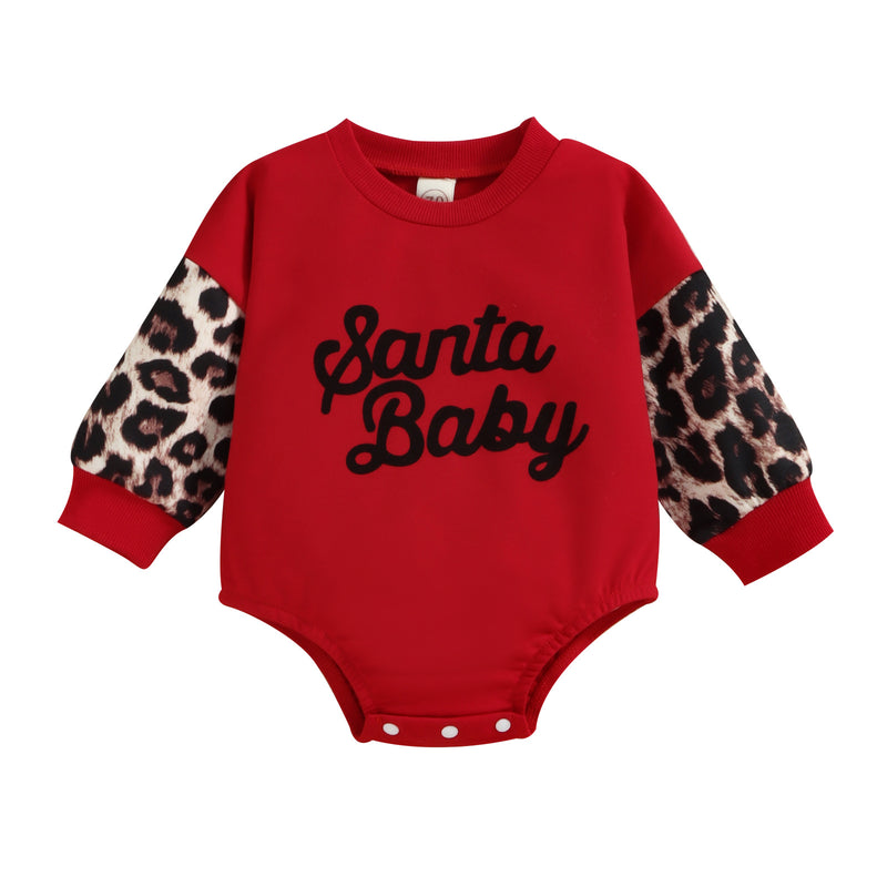 Baby Girls Solid Color Christmas Letters Stitching Leopard Print Onesie Crawl Suit - PrettyKid
