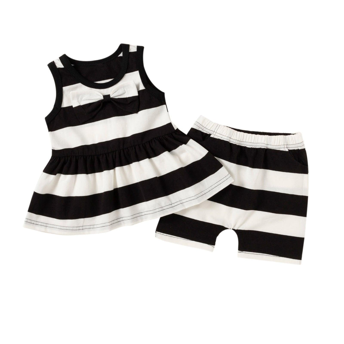 Toddler Kids Girls Summer Stripe Stitched Bow Set - PrettyKid