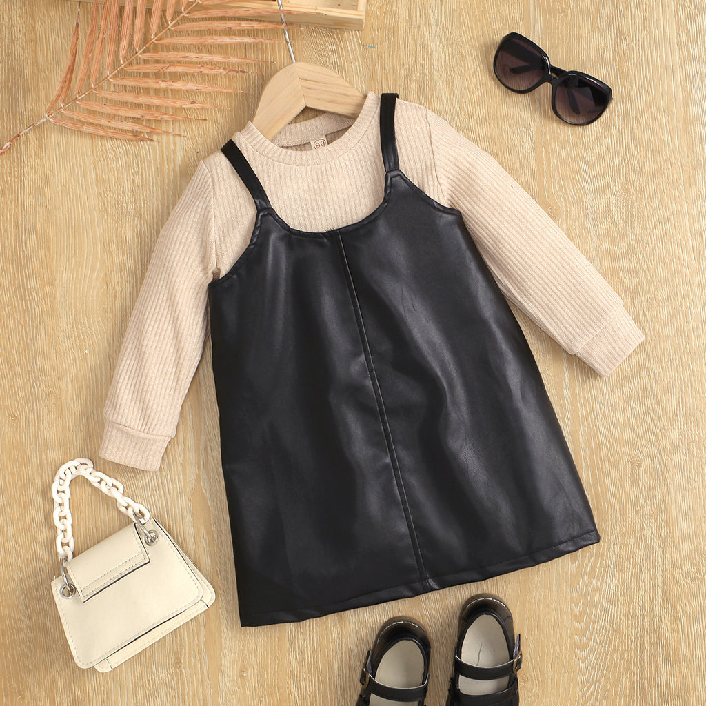 Toddler Kids Girls Solid Color Long-sleeved Knitted Top PU Leather Black Suspender Skirt Set - PrettyKid