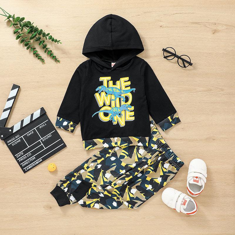 Toddler Kids Boys Cartoon Dinosaur Solid Color Letters Hooded Sweatshirt Camouflage Print Pants Set - PrettyKid