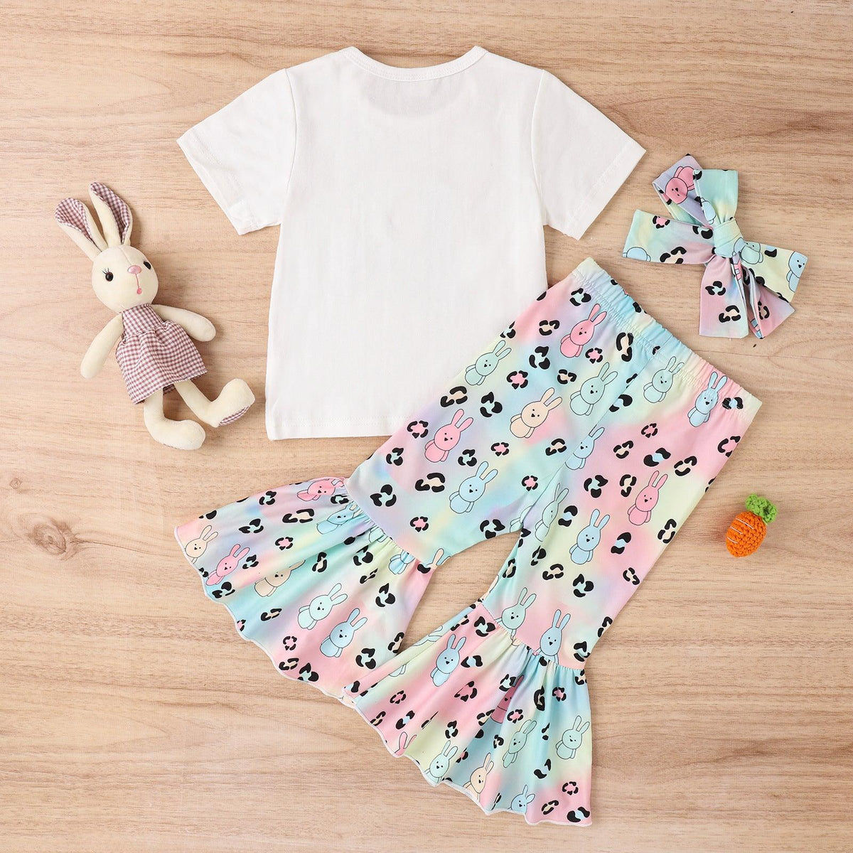 Easter Girls' Letter Printing Short-sleeved Rabbit Flare Trousers Three-piece Set