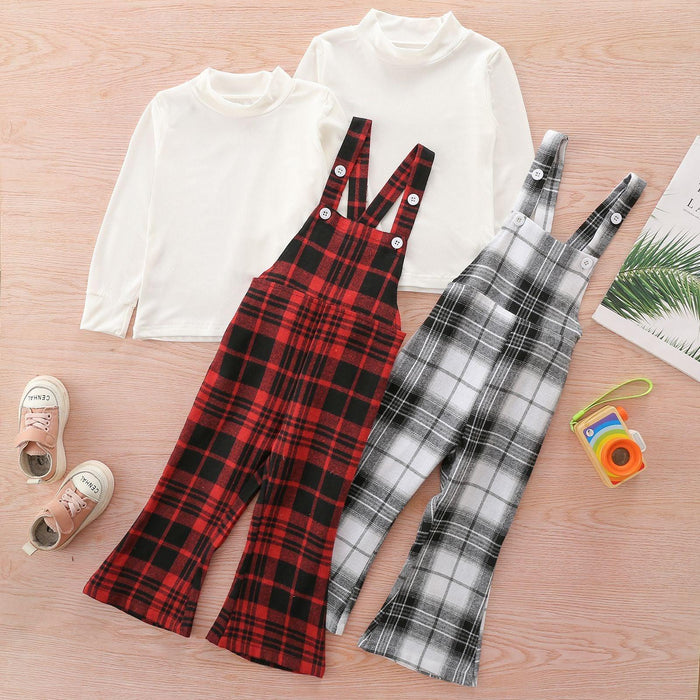 Toddler Kids Solid Color Round Collar Girl Carrying Plaid Pants Cotton Two-piece Set Dropship Childrens Clothing - PrettyKid