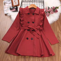 Children Girls Solid Color Lapel Lace Double Breasted Long Sleeved Windbreaker Coat - PrettyKid