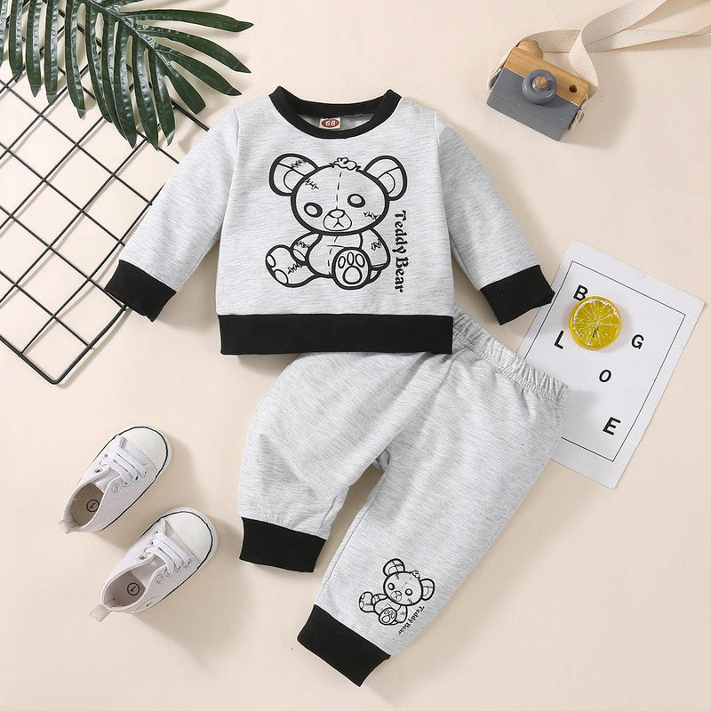 Toddler Boys Long Sleeve Bear Print Pullover Sweater Pants Set - PrettyKid